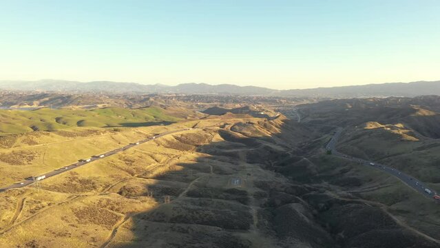 The Grapevine Pass near Santa Clarita Los Angeles, also known as Tejon Pass. Aerial 4k.