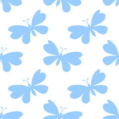 Vector seamless pattern of blue silhouette butterflies in flat style. Cute simple insects. Texture on theme of nature, spring, summer, children print, isolated