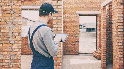 Construction worker standing in the house under construction and holding tablet computer.