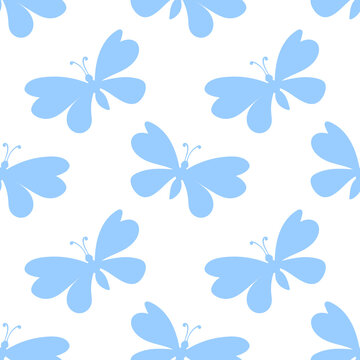 Vector seamless pattern of blue silhouette butterflies in flat style. Cute simple insects. Texture on theme of nature, spring, summer, children print, isolated