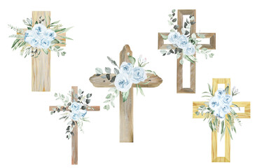 Watercolor Flower Cross, Wood Cross, Baptism, Floral Clipart, First Communion, Holy Spirit, Florals Arrangements, Easter cross - 495594753