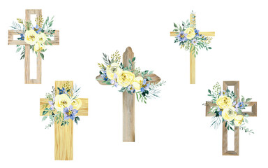 Watercolor Flower Cross, Wood Cross, Baptism, Floral Clipart, First Communion, Holy Spirit, Florals Arrangements, Easter cross - 495594754