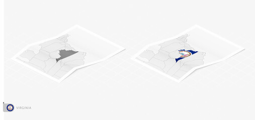 Set of two realistic map of Virginia with shadow. The flag and map of Virginia in isometric style.