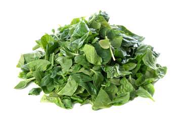 Pile of fresh green baby spinach leaves isolated on white background