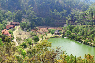 Scenic rural landscape. Green lake among woods