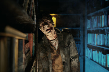 Obraz na płótnie Canvas Zombie man in abandoned library
