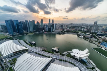 Tuinposter Aerial view of Marina Bay and skyscrapers at sunset, Singapore © efired