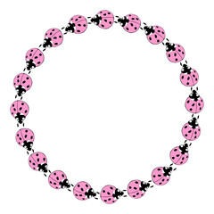 Vector round frame, border from cute pink ladybugs in doodle flat style. Simple background, decoration for spring, summer, natural, kids design