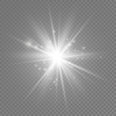 Glow bright light star, white sun rays, sunshine.