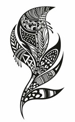Stylized bird feather. Black and white feather. Linear Art. Tattoo.