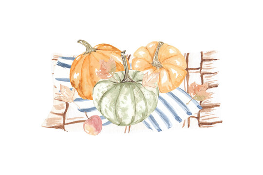 Watercolor autumn picnic scene, food and tea, thermos, pumpkins, pie on isolated background 