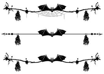 Set of vignettes with bats, spiderweb and mushrooms in black and white colors