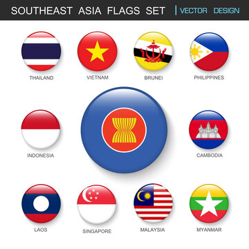 Southeast Asia flags  set and members in botton stlye,vector design element illustration