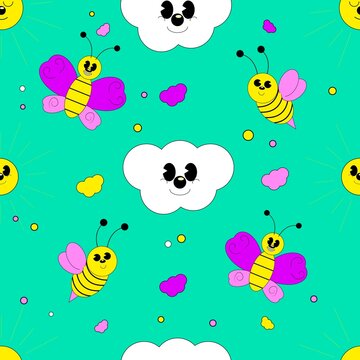 Seamless pattern with clouds, bee and butterfly