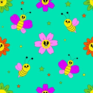 Seamless pattern with flowers, bee and butterfly