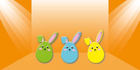 Colourful rabbits shaped like eggs with spotlight on orange wall background, Holiday illustration for greeting card of Happy Easter’s Day, space for the text. illustration 3d paper cut design style.