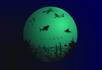 Underwater world at night with sharks And there are divers swimming without knowing the danger.