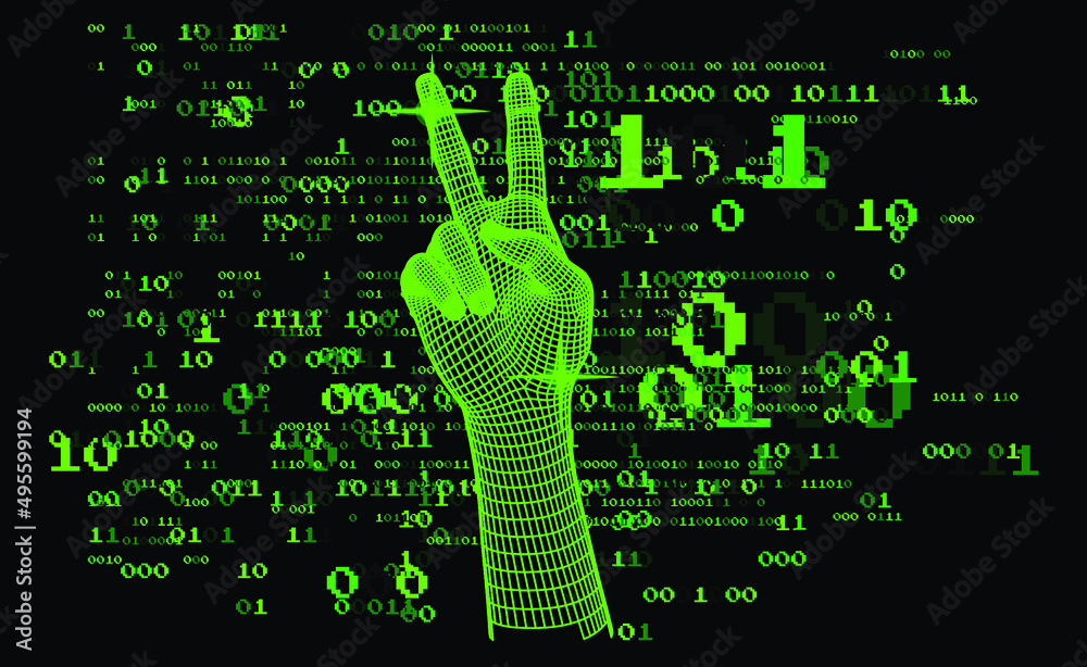Aufkleber Low-poly 3D hand on dark background with binary code. Retrofuturistic cyberpunk style illustration.