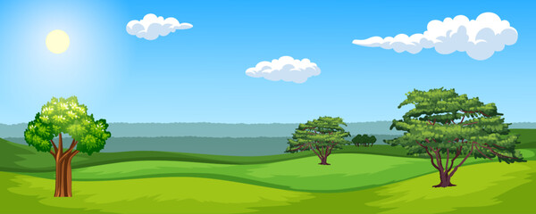 Rural landscape background with trees and clouds. Vector illustration.