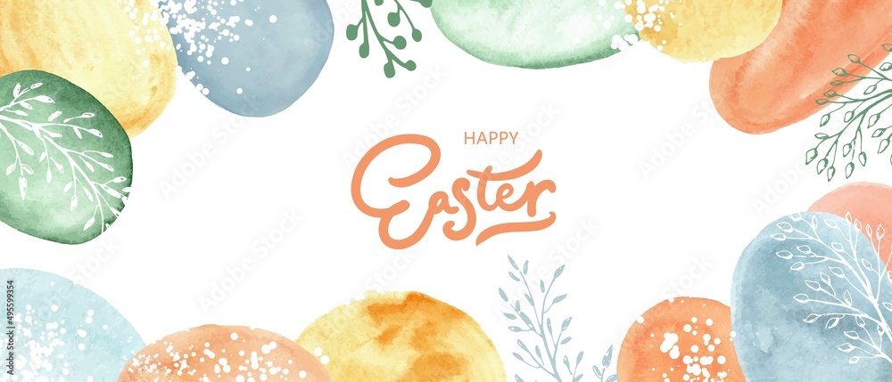 Wall mural Happy Easter banner. Colorful design with watercolor abstract forms, eggs, golden splatters, botanicals.