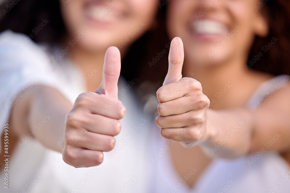 Sticker If you love it we love it too. Cropped shot of two unrecognisable women showing thumbs up outdoors.