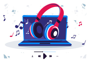 vector illustration of headphones for listening to music using a laptop