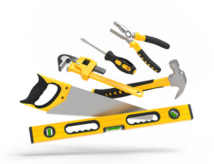 Flying view of yellow construction tools for repair on white