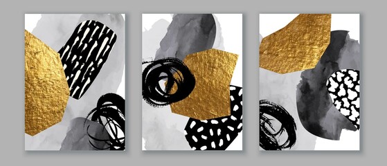 Elegant abstract watercolor wall art triptych. Composition in black, white, grey, gold. Modern design for print, card