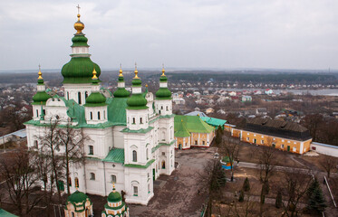 Church domes of Holy Trinity Monastery in Chernihiv, Ukraine. View from the belfry. Chernihiv is one of oldest cities in Ukraine.