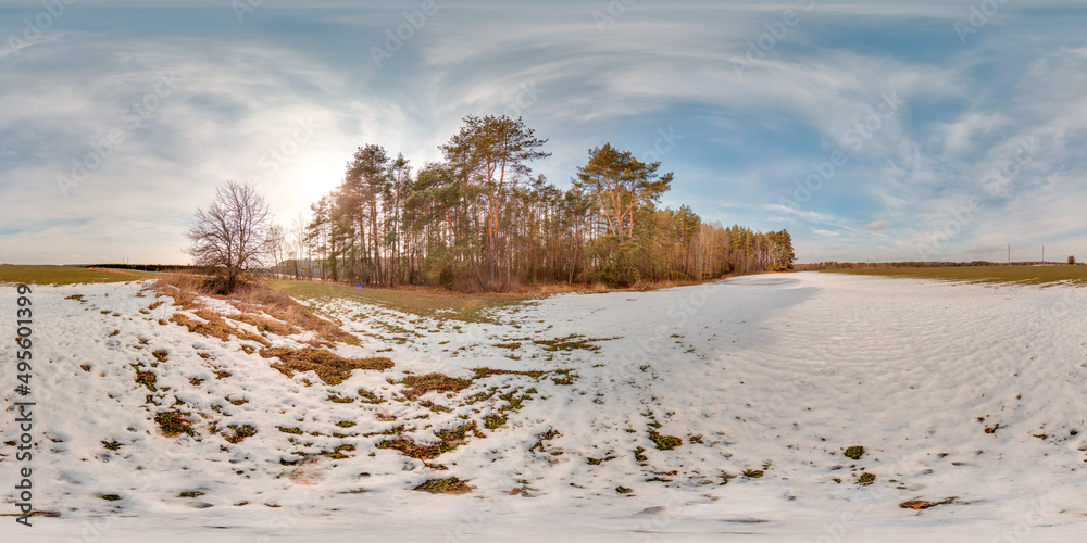 Wall mural amazing landscape with blue sky at spring trees without greens and grass with snow 3d spherical pano