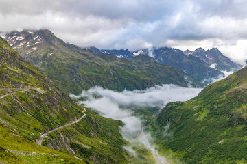 Typical alpine landscape of Swiss Alps near Sustenstrasse, Urner Alps, Canton of Bern, Switzerland