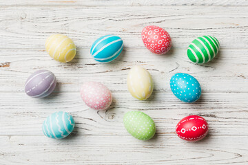 holiday preparation Multi colors Easter eggs on colored background . Pastel color Easter eggs. holiday concept with copy space