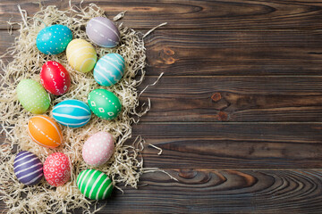 holiday preparation Multi colors Easter eggs on colored background . Pastel color Easter eggs. holiday concept with copy space
