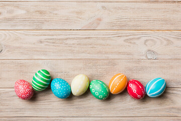 holiday preparation Multi colors Easter eggs on colored background . Pastel color Easter eggs. holiday concept with copy space