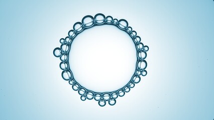 Macro shot of big transparent bubble with small ones connected around it on blue ramp background | Abstract skin care cosmetics formulating concept