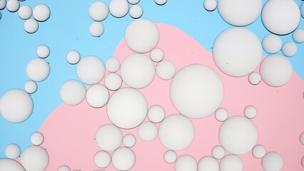 Different sized light grey drops of white cream floating in transparent liquid on blue and pink background | Background for skin care products