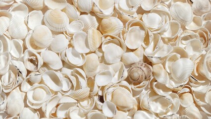 Top view shot of sea shells with water ripples over them | Background for sun care beauty products and cosmetics with sea minerals