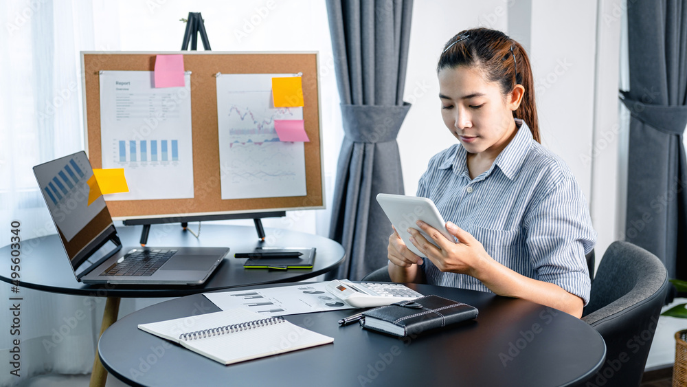 Poster business woman looking on tablet to checking email and reply information to boss while reading busin