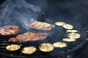 pork and zucchini, garden grill with charcoal
