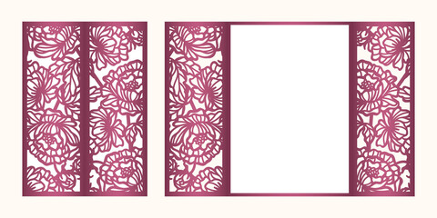 Wedding invitation Gate fold card with pattern of Peony flowers, Laser cut template, vector.