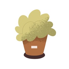 Potted house plant with green leaf. Abstract small houseplant in interior flowerpot. Natural room decoration. Modern indoor eco foliage decor. Flat vector illustration isolated on white background