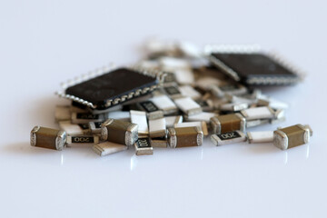 SMD electronic parts on white background. 