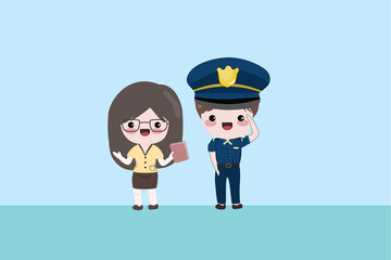 Cute career character , teacher  and police man, cute couple. romantic concept 