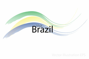 the slogan visit Brazil with curved waves in watercolor style which are in the colors of the national flag. Vector Illustration