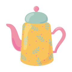 Cute ceramic teapot side view decorated with design elements flat cartoon illustration. Colored tea kettle hand drawn vector design. Kitchen trendy crockery for hot drink isolated on white background