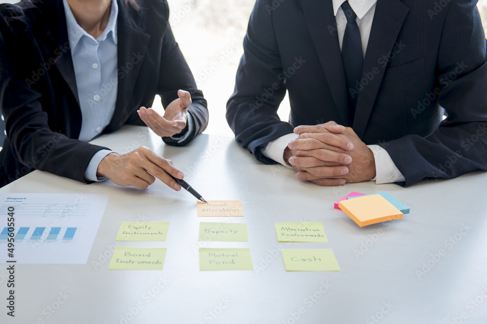 Poster wealth management and financial concept, team of business accounting analyzing and calculation on va