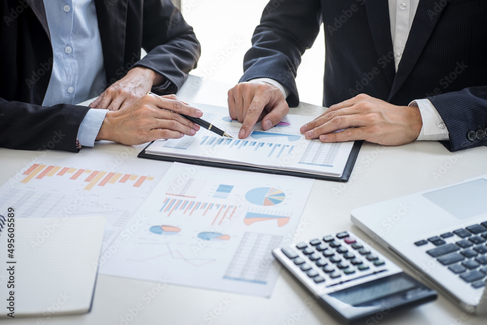 Fototapete business team colleagues discussing working analyzing with financial data and marketing growth repor