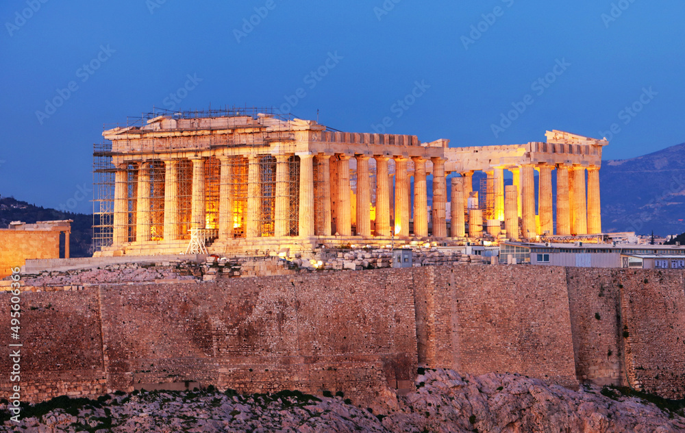 Sticker Acropolis hill - Parthenon temple in Athens at night, Greece