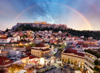 Zelfklevend Fotobehang Athene Griekenland - Akropolis met Parthenon-tempel met regenboog in Athene