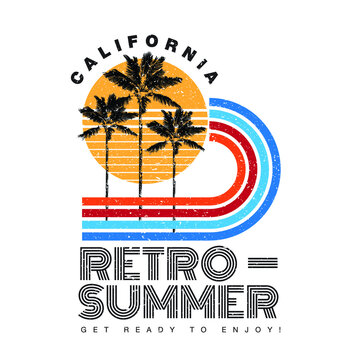 RETRO SUMMER in CALIFORNIA. Sun, Palm Tree, and Retro Stripe in Vector Format